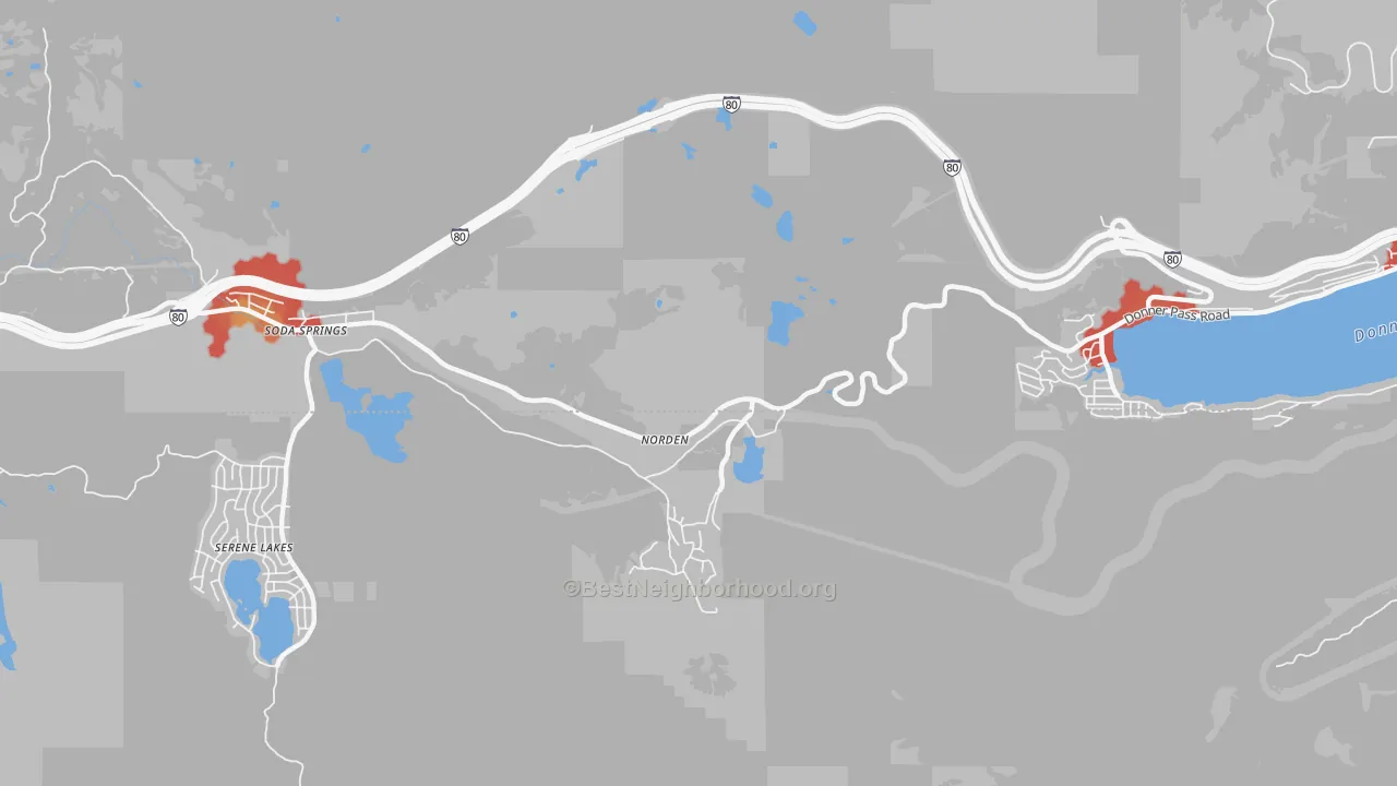 Walk Grade map of 95724, CA, walkable areas in green and car-dependent areas in red