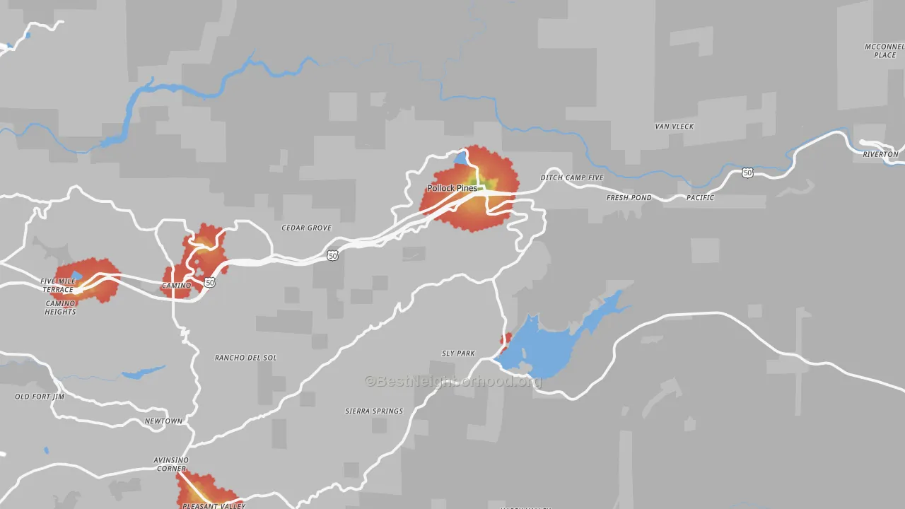 Walk Grade map of 95726, CA, walkable areas in green and car-dependent areas in red