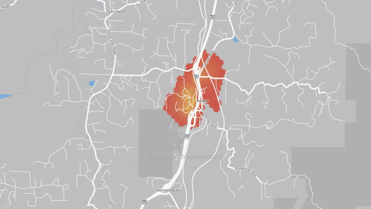 Walk Grade map of 95736, CA, walkable areas in green and car-dependent areas in red