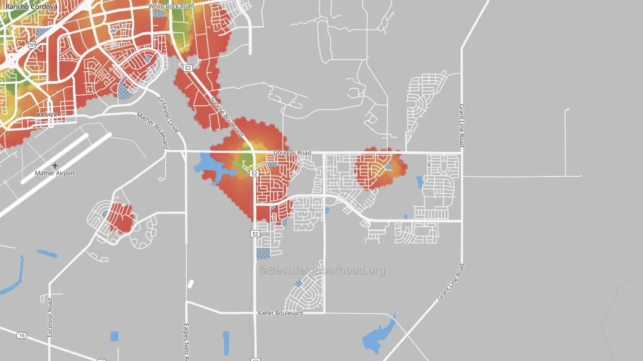 Walk Grade map of 95742, CA, walkable areas in green and car-dependent areas in red