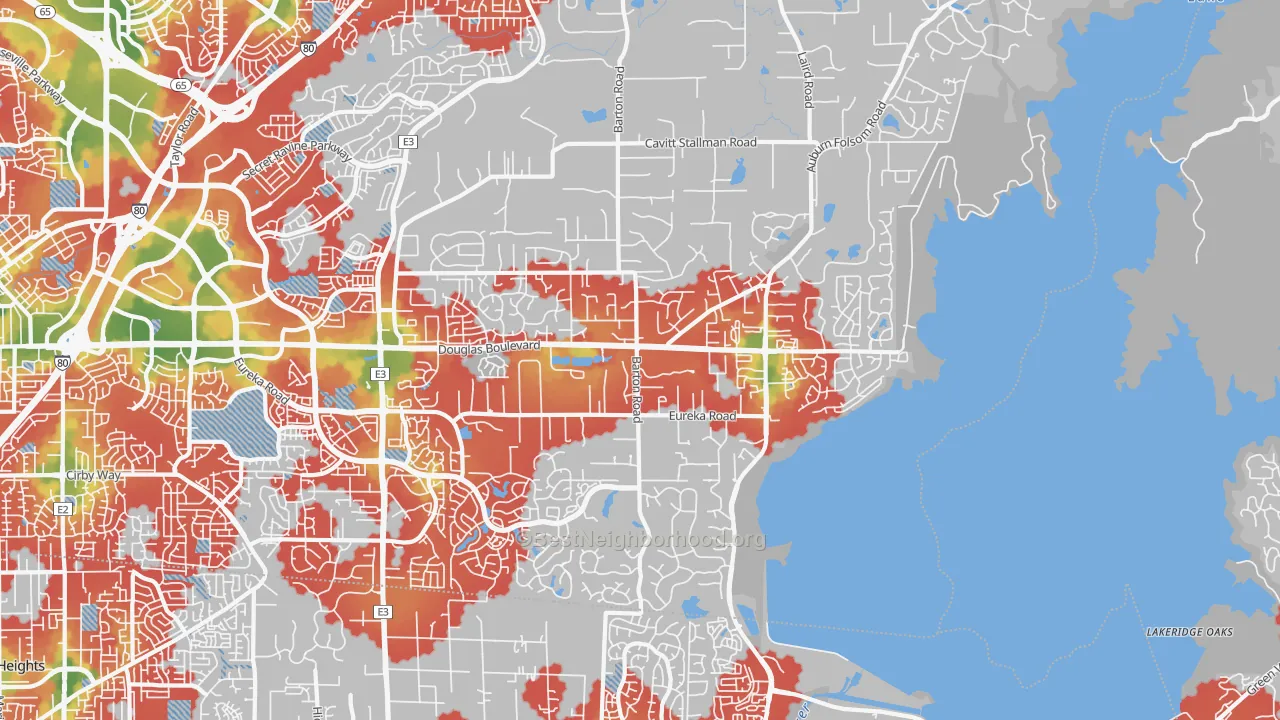 Walk Grade map of 95746, CA, walkable areas in green and car-dependent areas in red