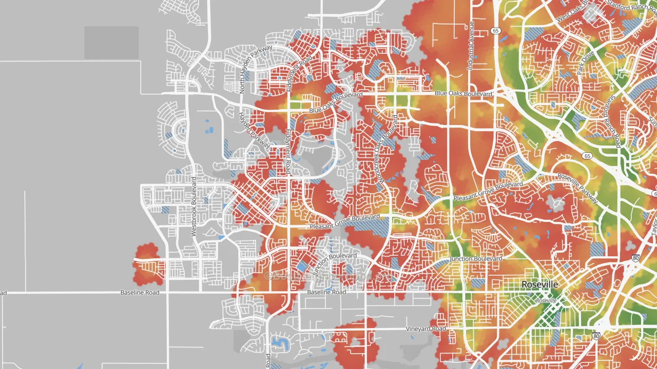 Walk Grade map of 95747, CA, walkable areas in green and car-dependent areas in red