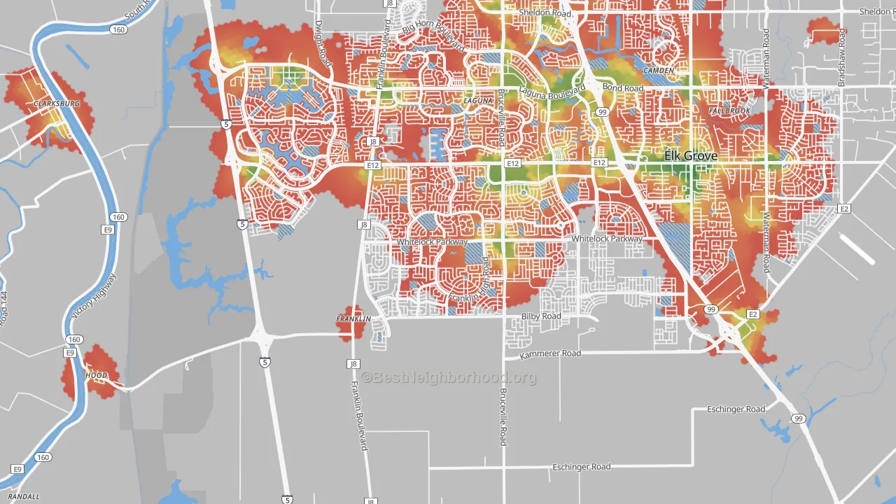 Walk Grade map of 95757, CA, walkable areas in green and car-dependent areas in red