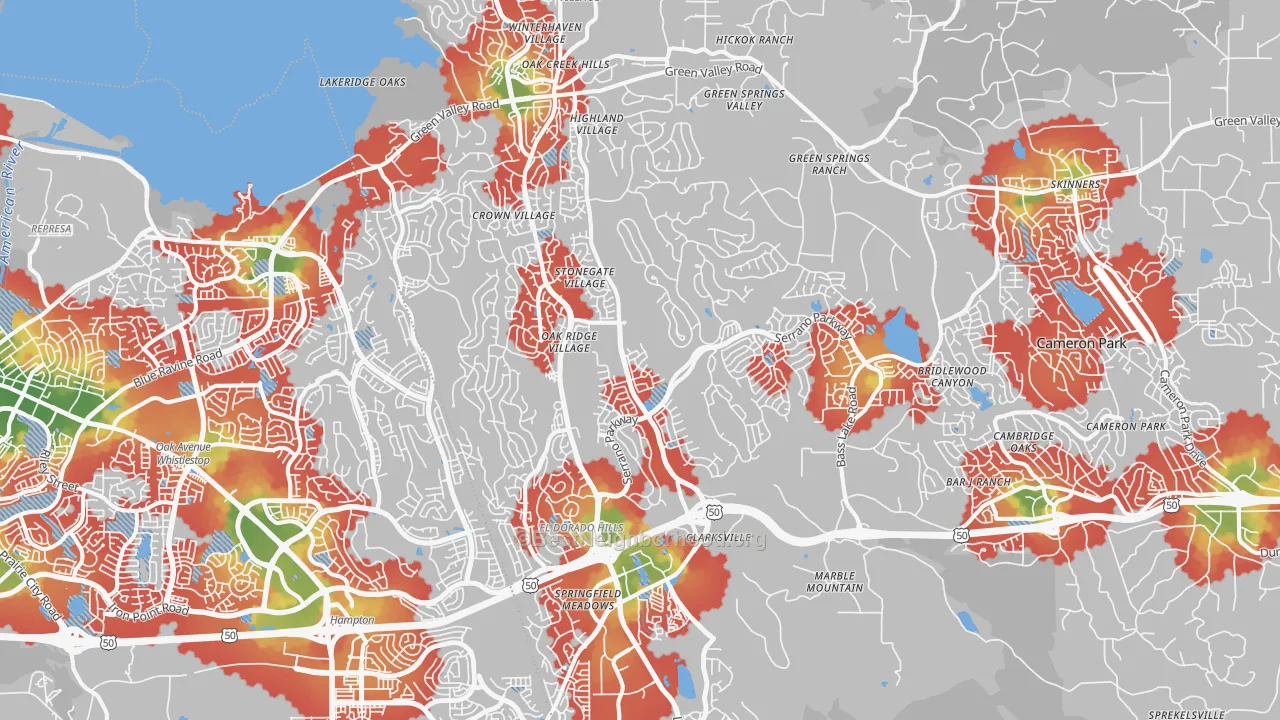 Walk Grade map of 95762, CA, walkable areas in green and car-dependent areas in red