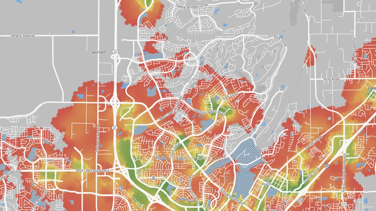 Walk Grade map of 95765, CA, walkable areas in green and car-dependent areas in red