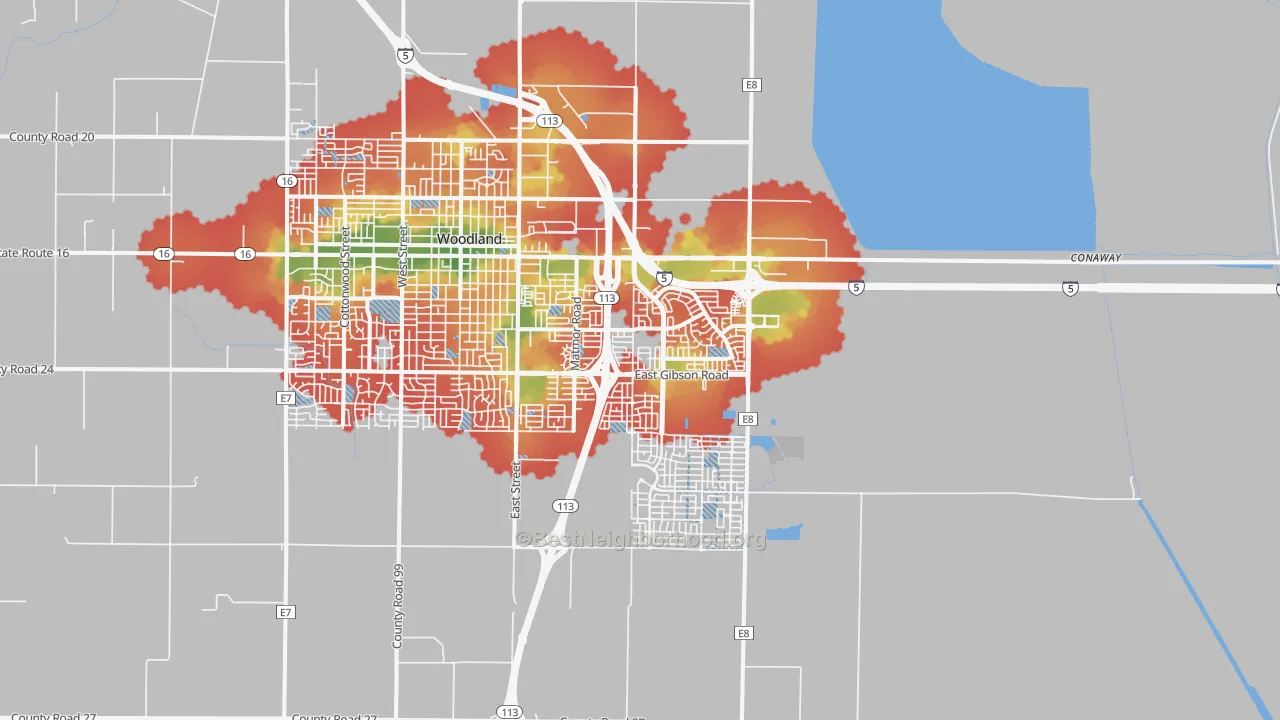 Walk Grade map of 95776, CA, walkable areas in green and car-dependent areas in red