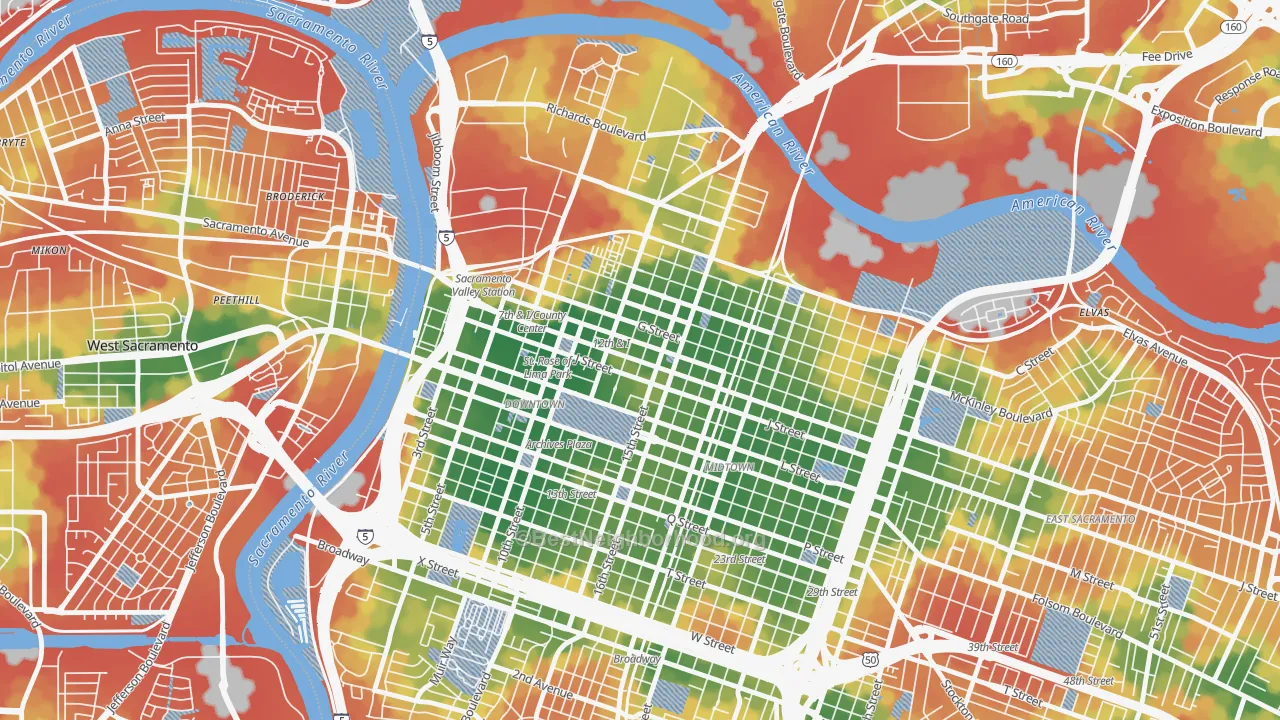 Walk Grade map of 95811, CA, walkable areas in green and car-dependent areas in red