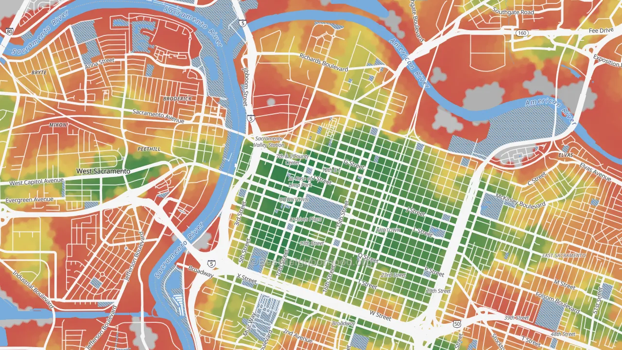 Walk Grade map of 95814, CA, walkable areas in green and car-dependent areas in red