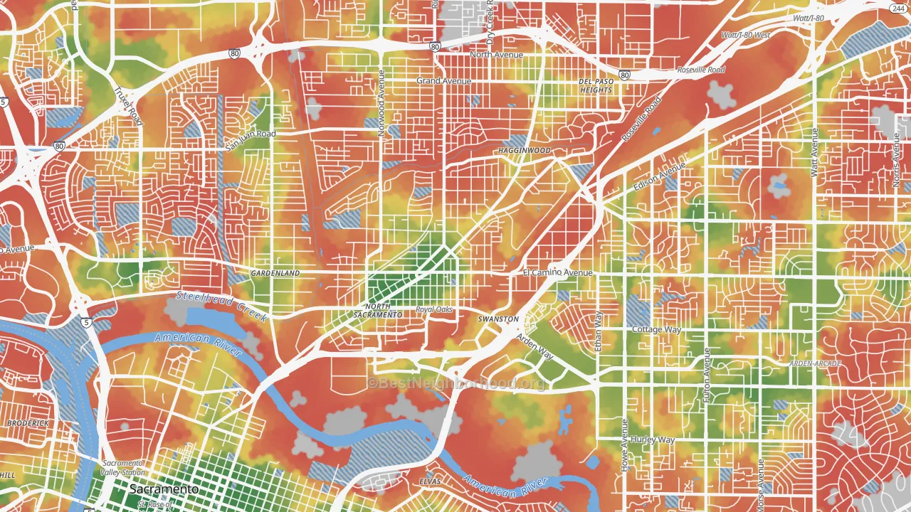 Walk Grade map of 95815, CA, walkable areas in green and car-dependent areas in red