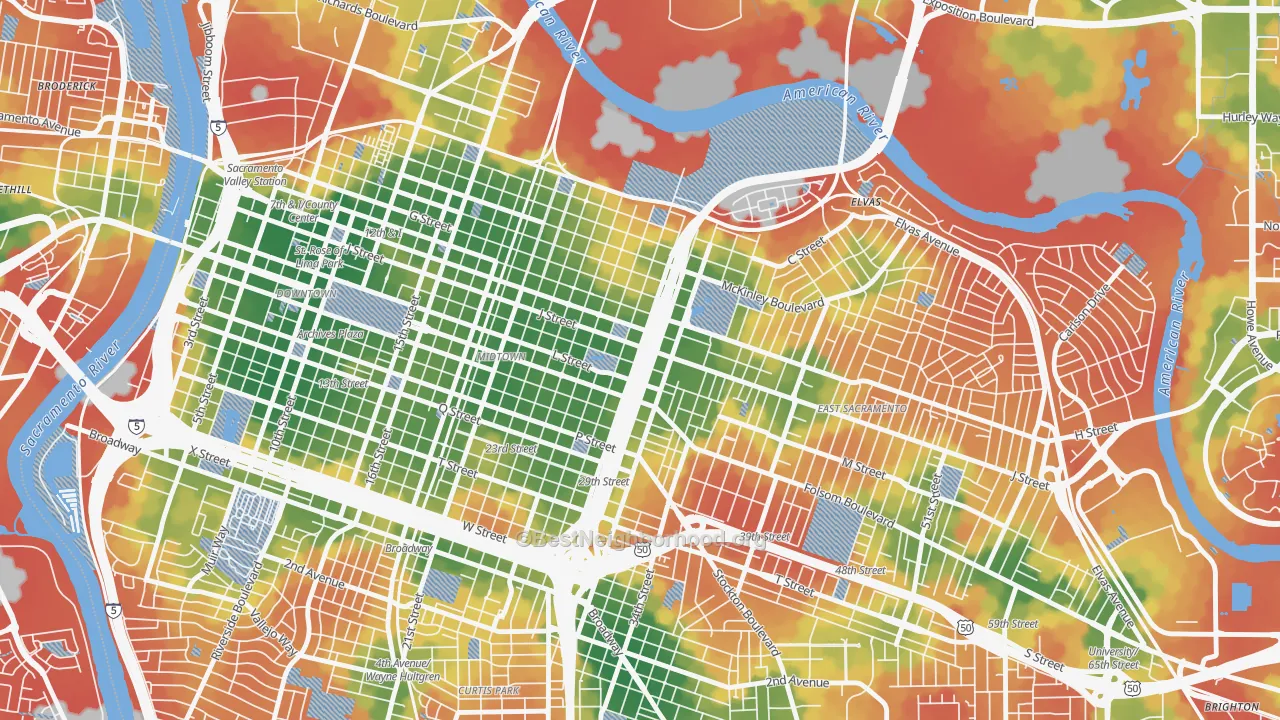Walk Grade map of 95816, CA, walkable areas in green and car-dependent areas in red