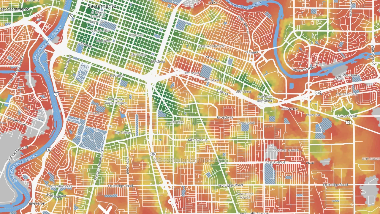 Walk Grade map of 95817, CA, walkable areas in green and car-dependent areas in red