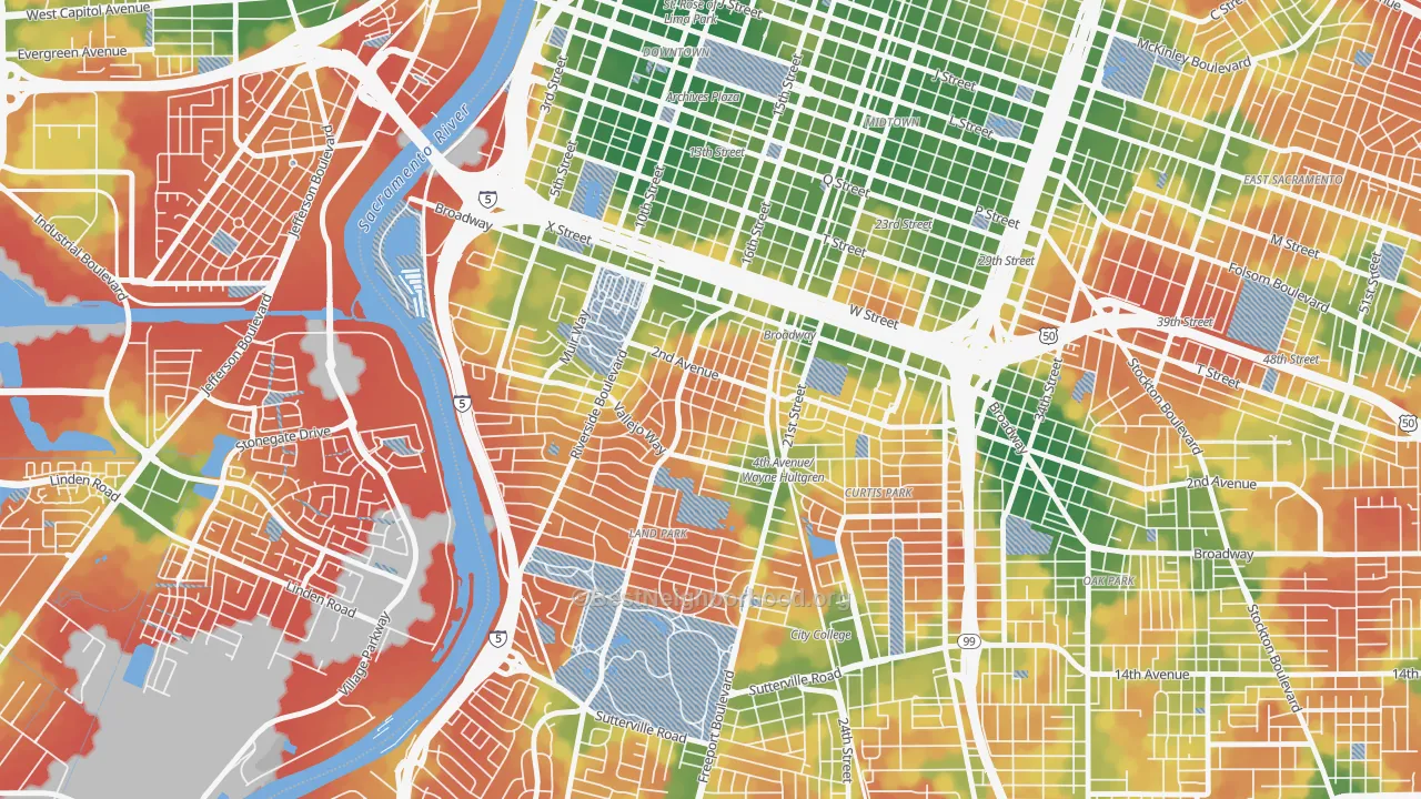 Walk Grade map of 95818, CA, walkable areas in green and car-dependent areas in red