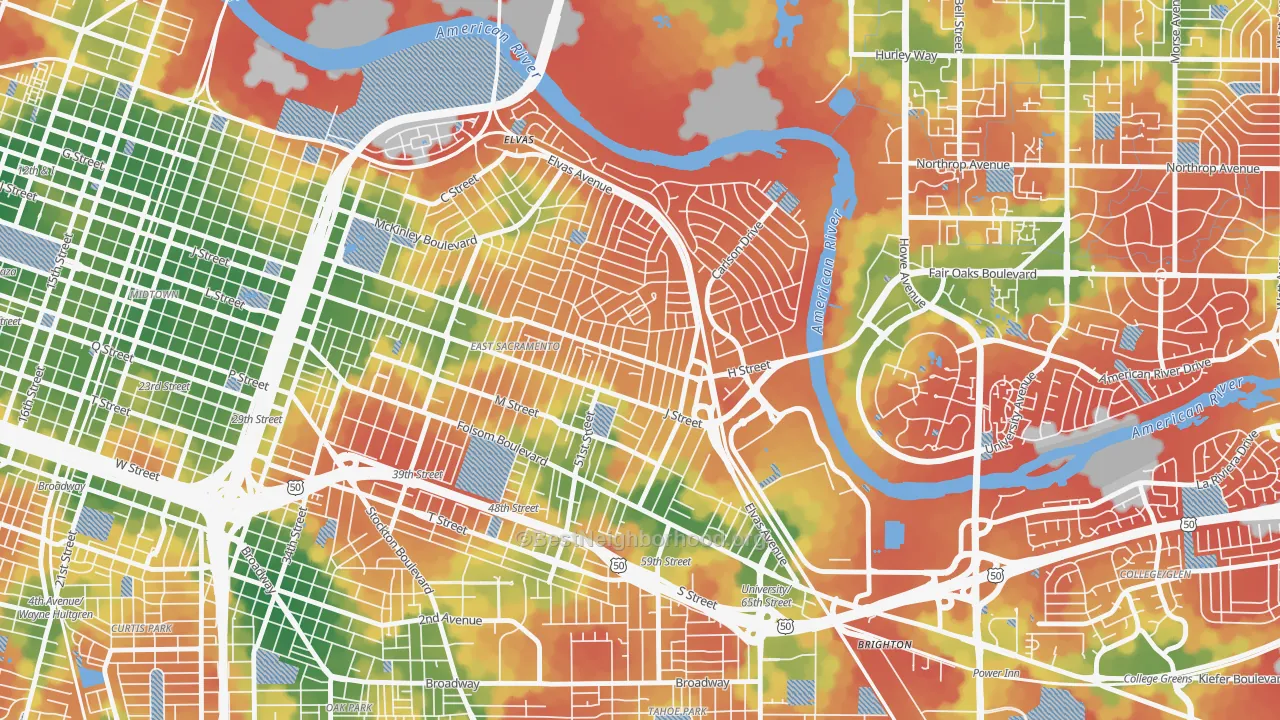 Walk Grade map of 95819, CA, walkable areas in green and car-dependent areas in red