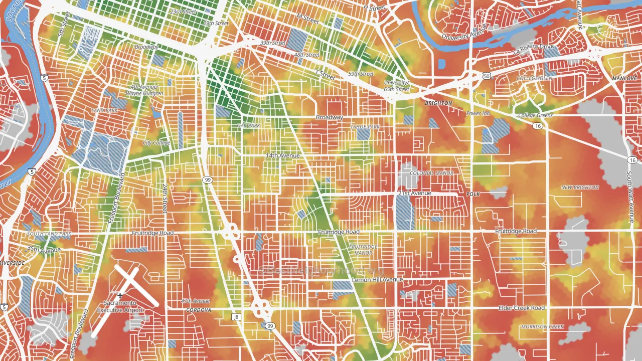 Walk Grade map of 95820, CA, walkable areas in green and car-dependent areas in red