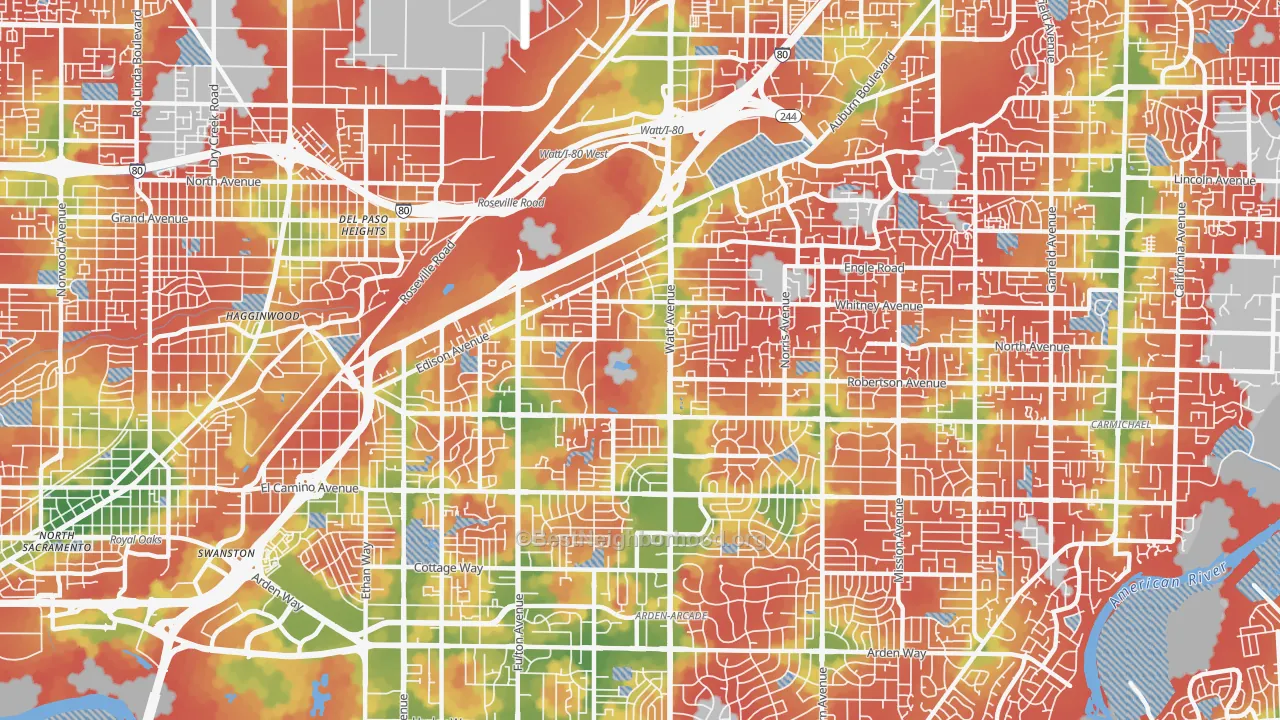 Walk Grade map of 95821, CA, walkable areas in green and car-dependent areas in red