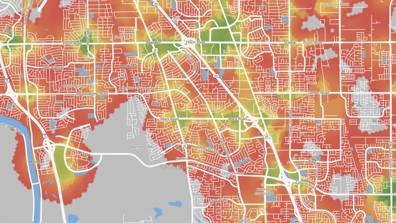 Walk Grade map of 95823, CA, walkable areas in green and car-dependent areas in red