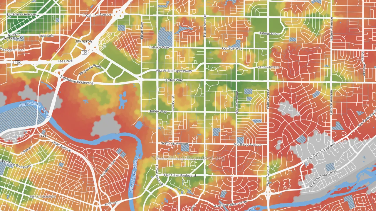 Walk Grade map of 95825, CA, walkable areas in green and car-dependent areas in red