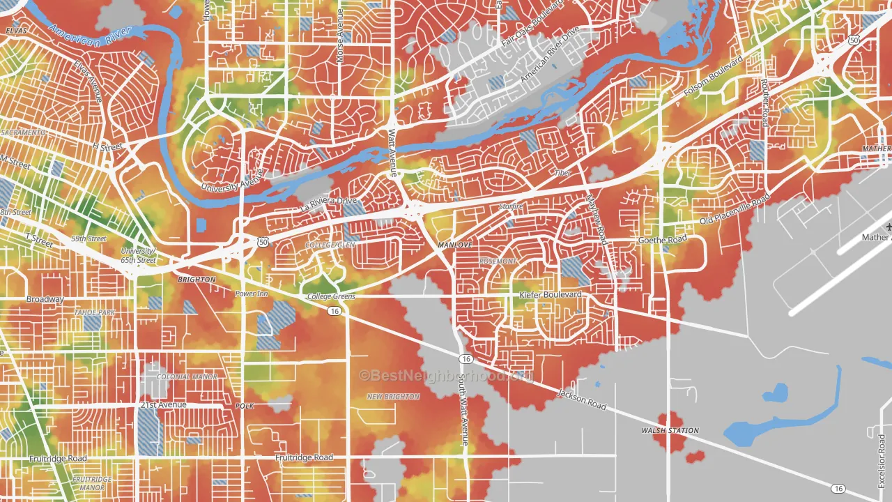 Walk Grade map of 95826, CA, walkable areas in green and car-dependent areas in red