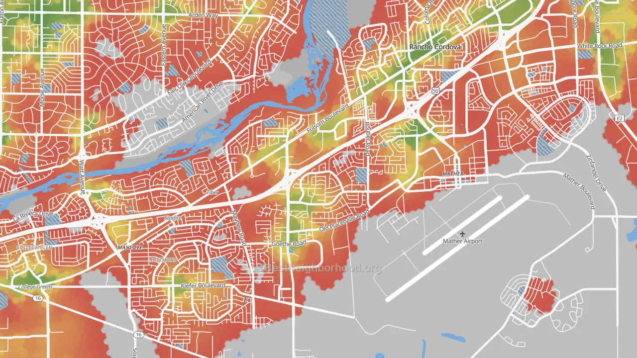 Walk Grade map of 95827, CA, walkable areas in green and car-dependent areas in red
