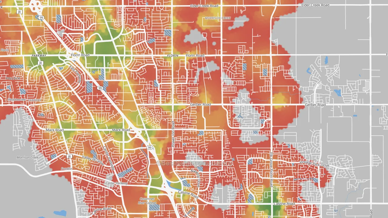 Walk Grade map of 95828, CA, walkable areas in green and car-dependent areas in red
