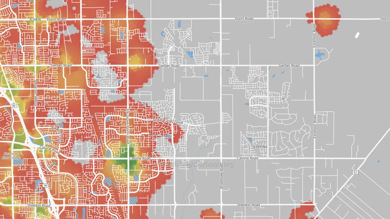 Walk Grade map of 95829, CA, walkable areas in green and car-dependent areas in red