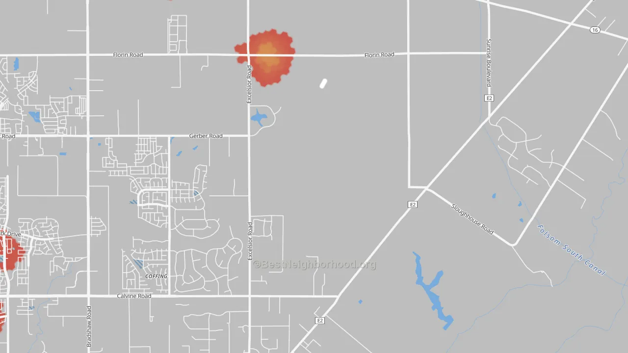 Walk Grade map of 95830, CA, walkable areas in green and car-dependent areas in red