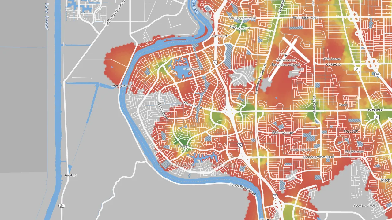 Walk Grade map of 95831, CA, walkable areas in green and car-dependent areas in red