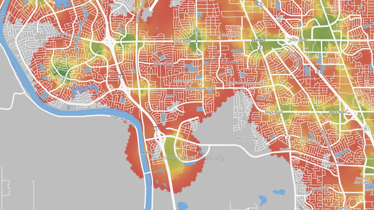Walk Grade map of 95832, CA, walkable areas in green and car-dependent areas in red