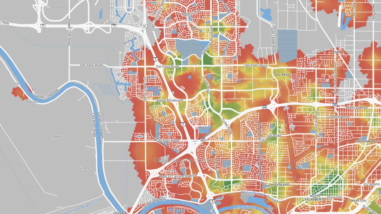 Walk Grade map of 95834, CA, walkable areas in green and car-dependent areas in red