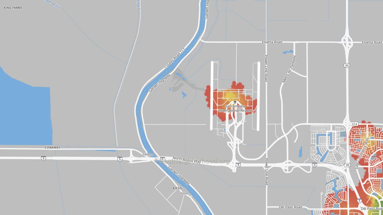 Walk Grade map of 95837, CA, walkable areas in green and car-dependent areas in red