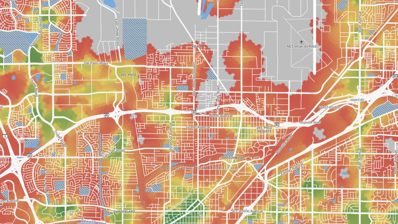 Walk Grade map of 95838, CA, walkable areas in green and car-dependent areas in red