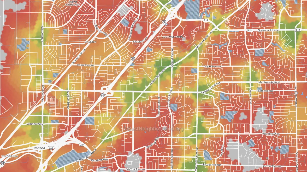 Walk Grade map of 95841, CA, walkable areas in green and car-dependent areas in red