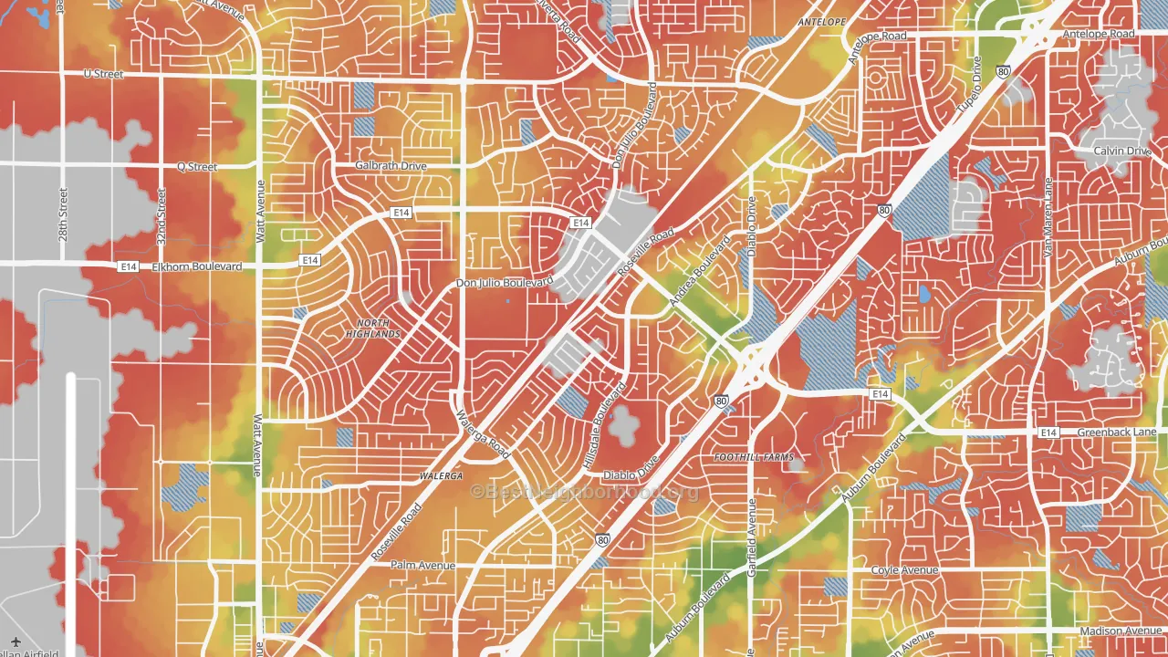 Walk Grade map of 95842, CA, walkable areas in green and car-dependent areas in red