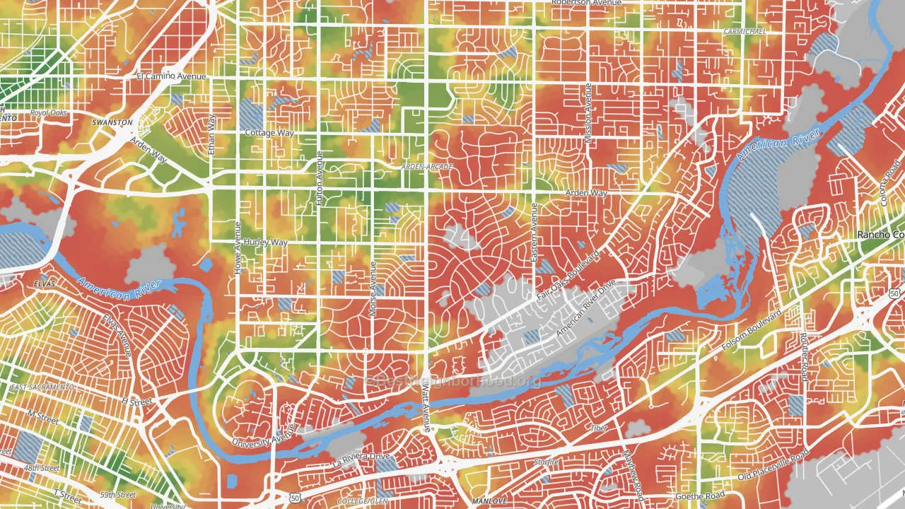 Walk Grade map of 95864, CA, walkable areas in green and car-dependent areas in red