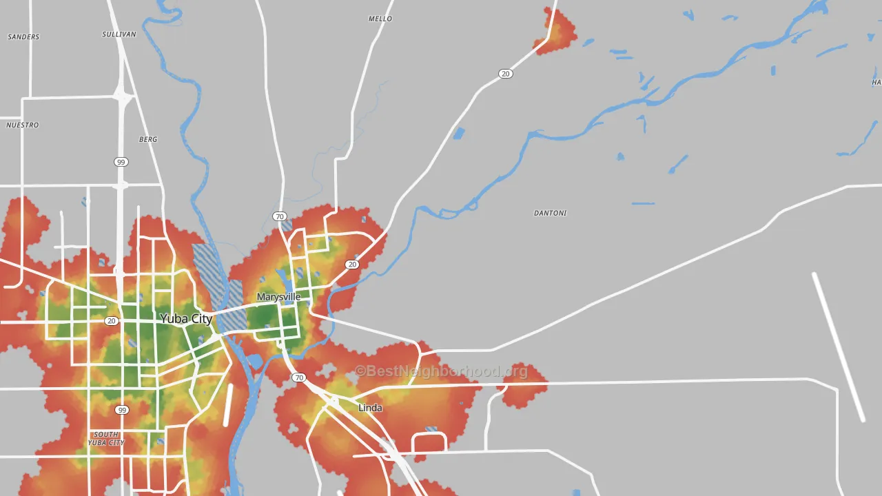 Walk Grade map of 95901, CA, walkable areas in green and car-dependent areas in red