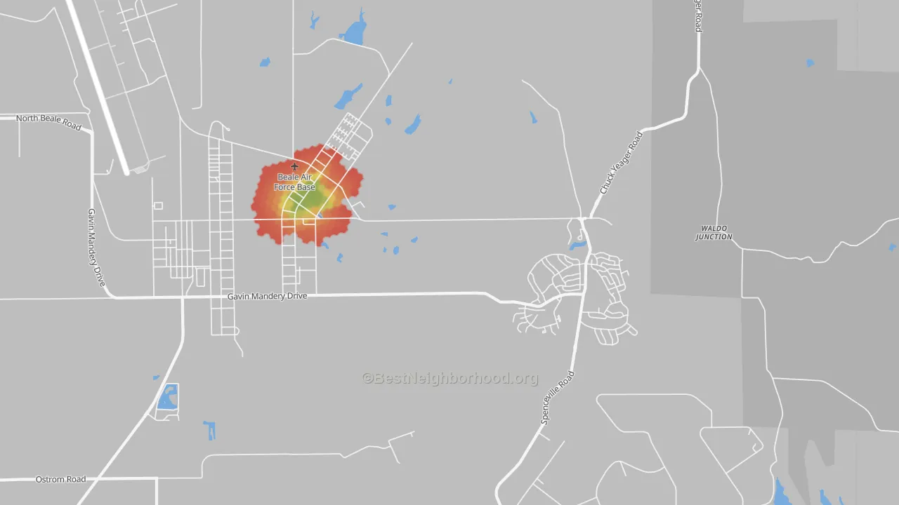 Walk Grade map of 95903, CA, walkable areas in green and car-dependent areas in red