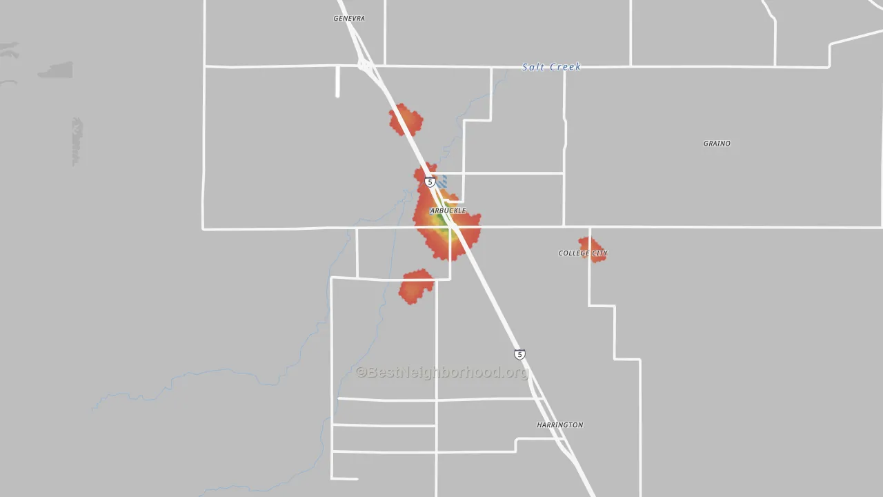 Walk Grade map of 95912, CA, walkable areas in green and car-dependent areas in red