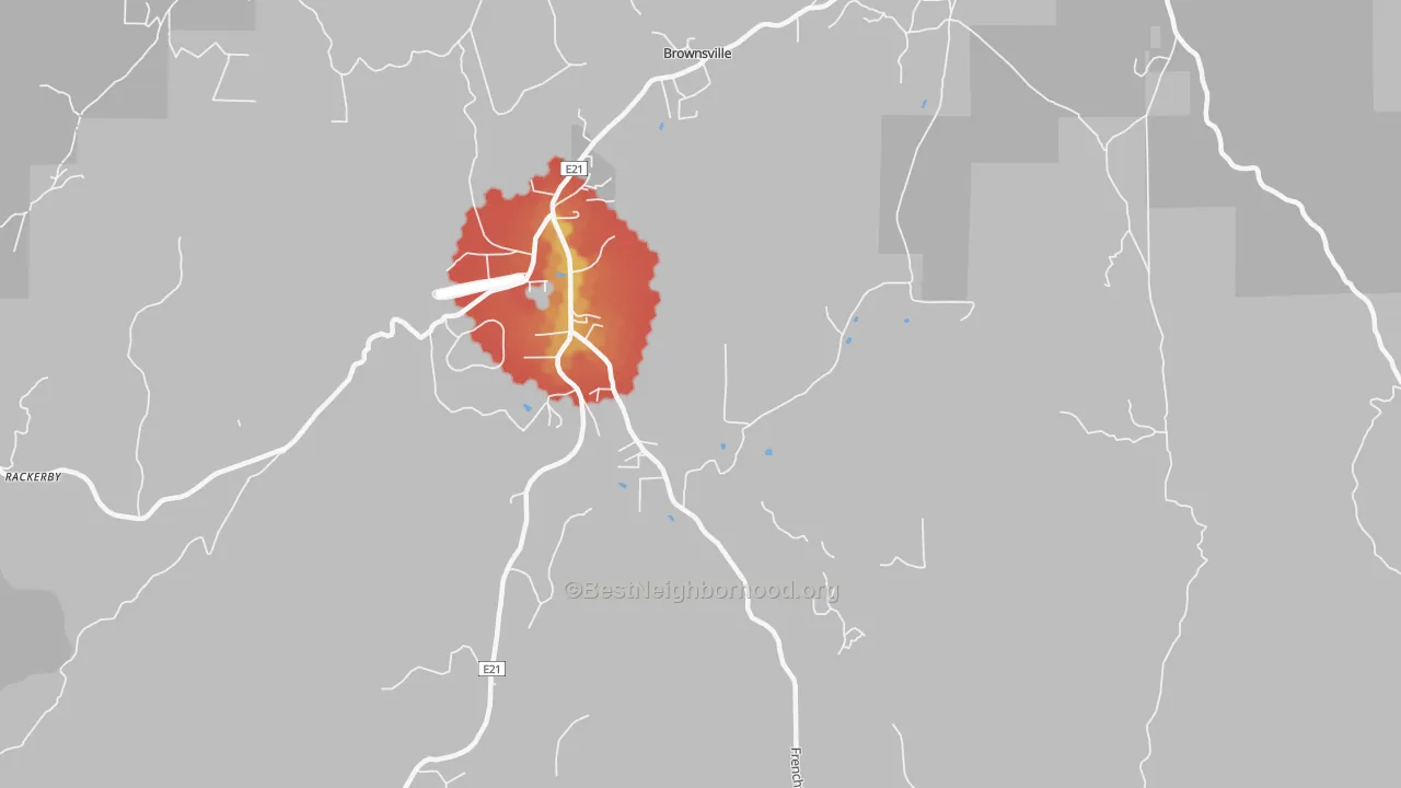 Walk Grade map of 95919, CA, walkable areas in green and car-dependent areas in red