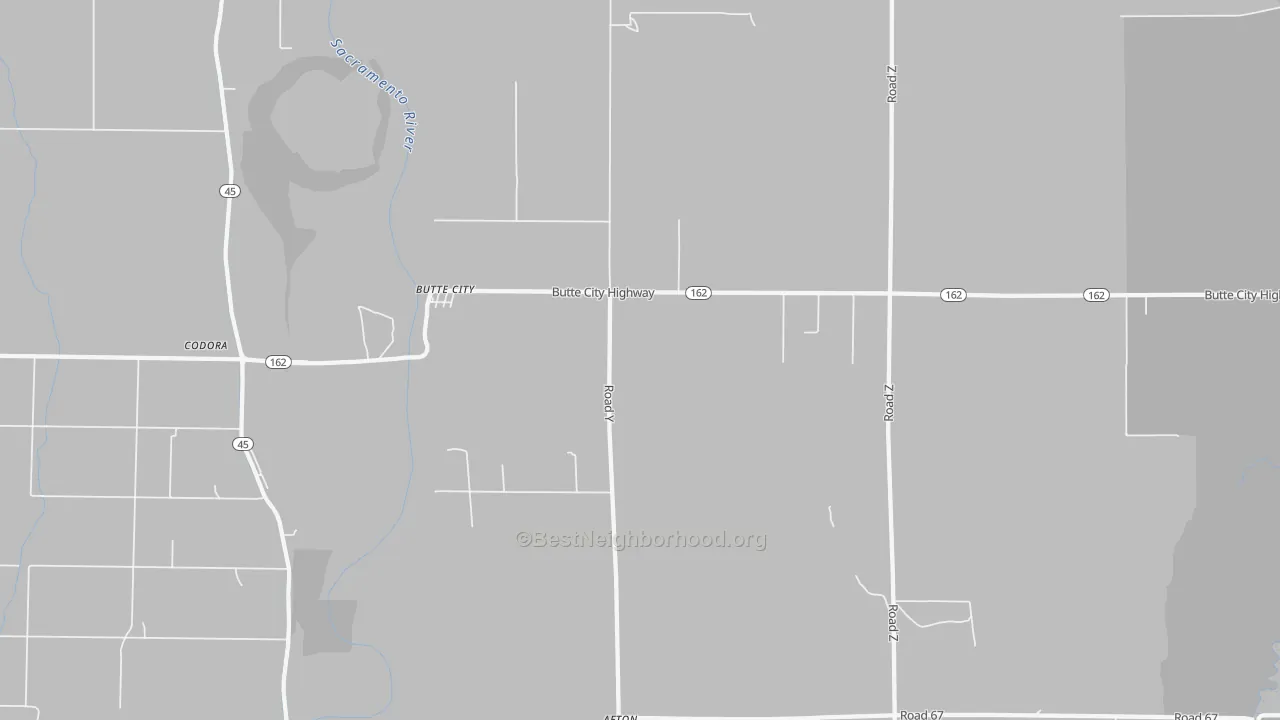 Walk Grade map of 95920, CA, walkable areas in green and car-dependent areas in red