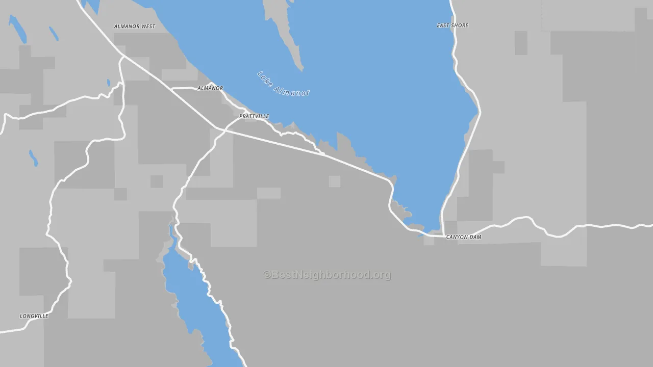 Walk Grade map of 95923, CA, walkable areas in green and car-dependent areas in red
