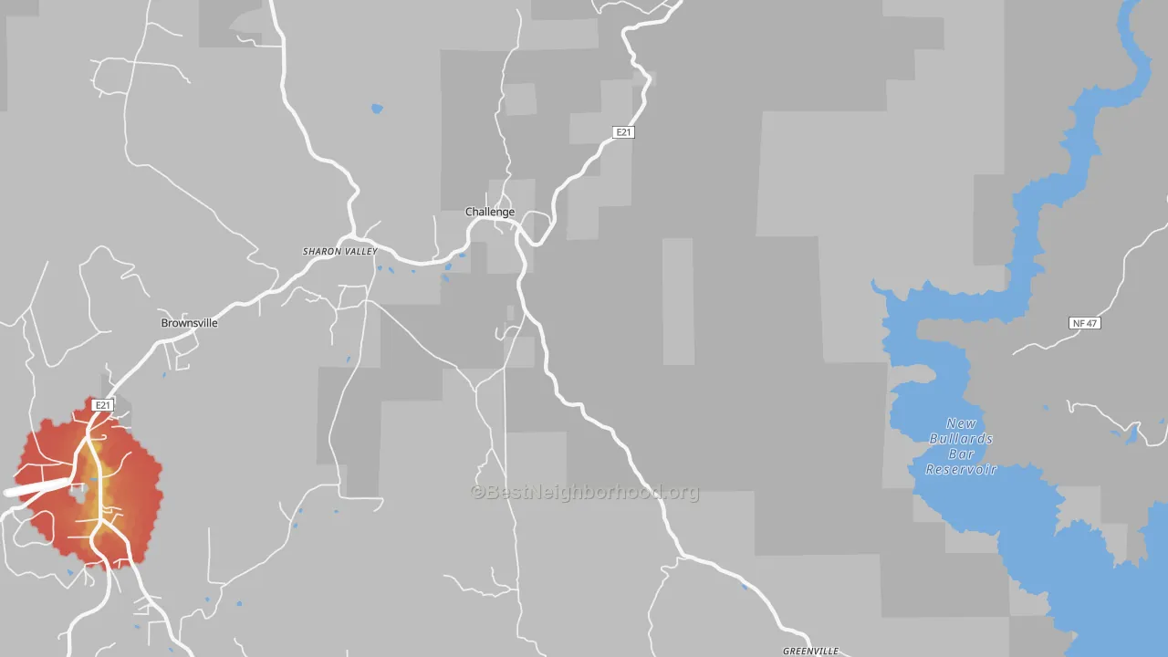 Walk Grade map of 95925, CA, walkable areas in green and car-dependent areas in red