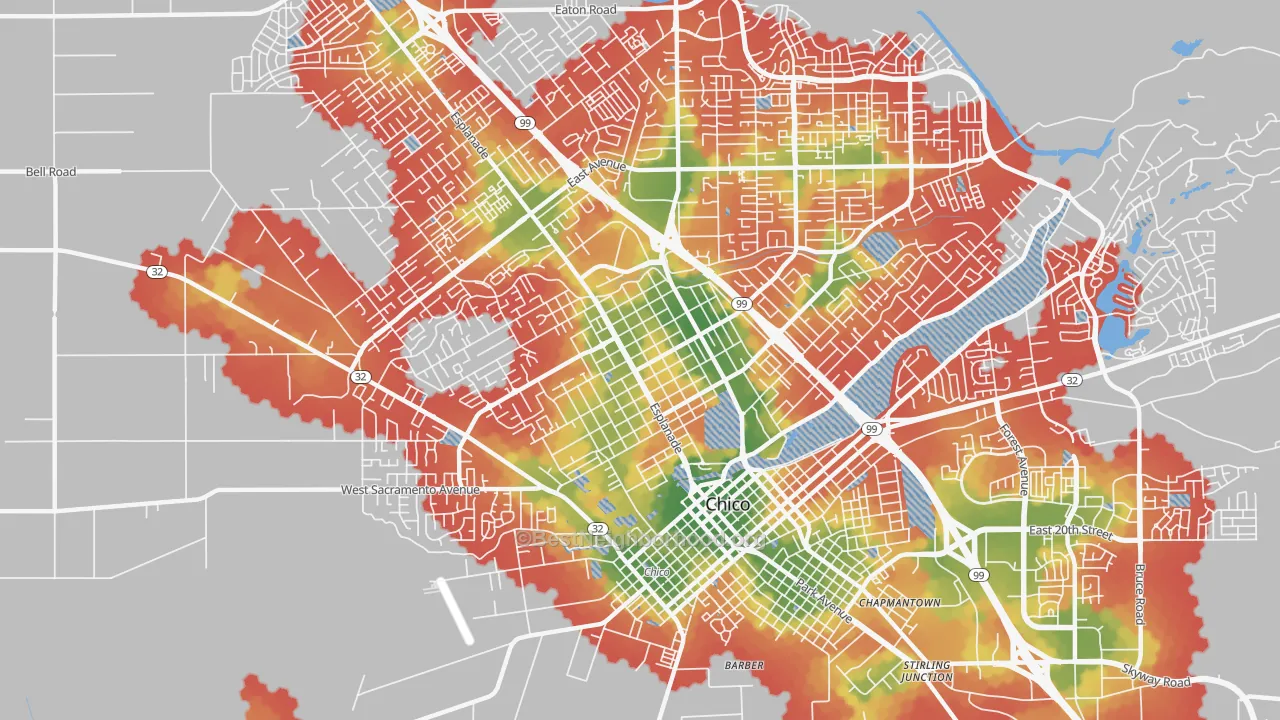 Walk Grade map of 95926, CA, walkable areas in green and car-dependent areas in red