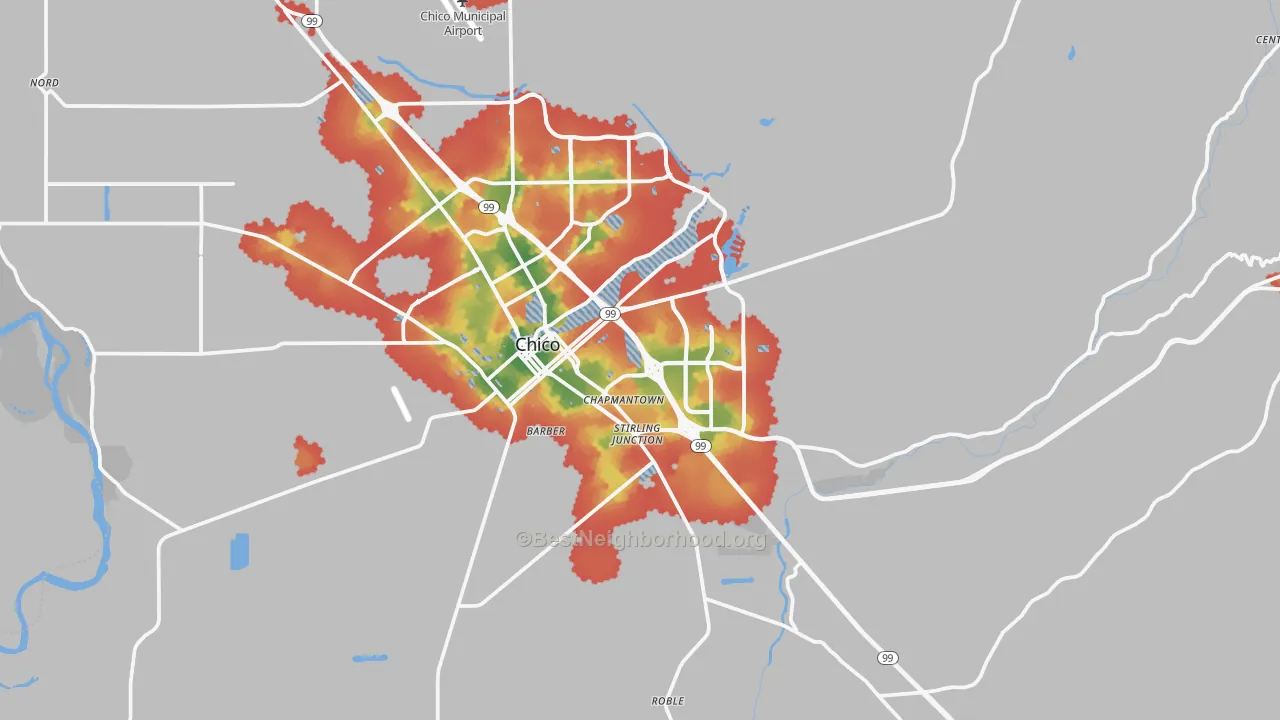Walk Grade map of 95928, CA, walkable areas in green and car-dependent areas in red