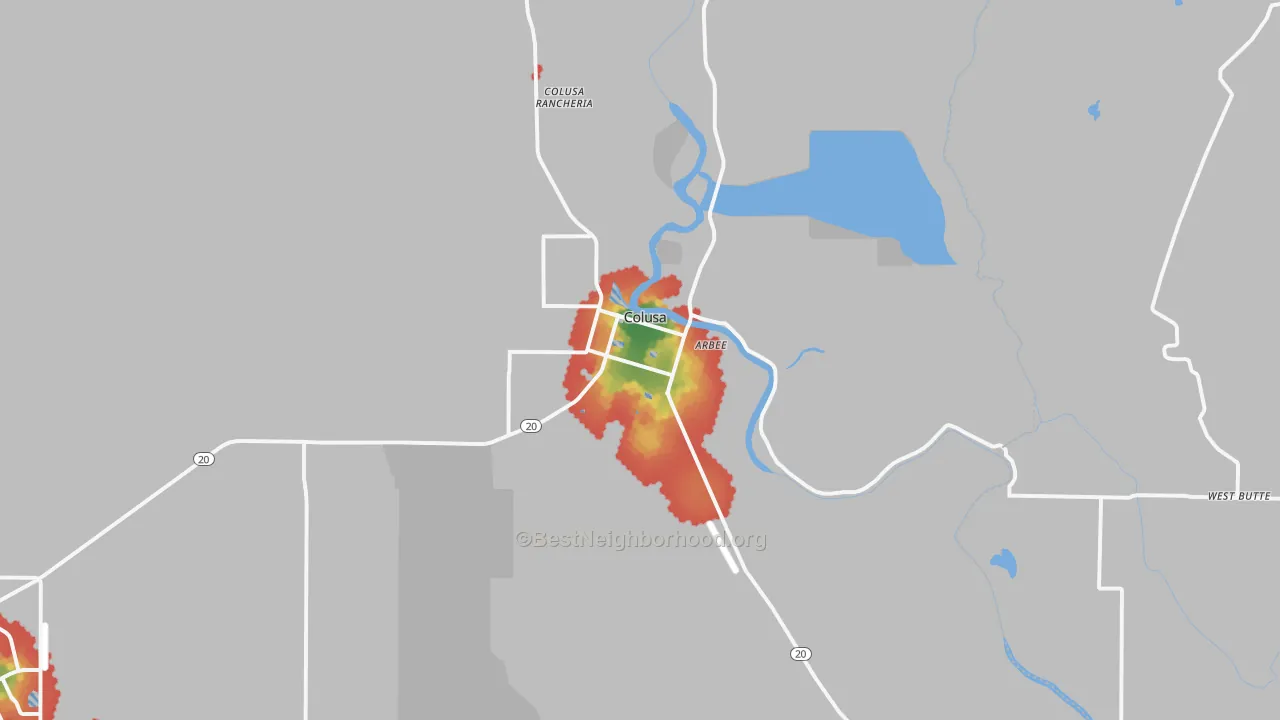 Walk Grade map of 95932, CA, walkable areas in green and car-dependent areas in red