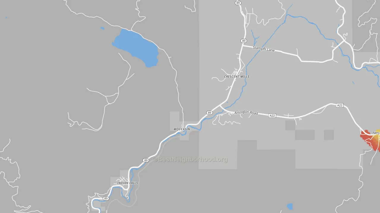Walk Grade map of 95934, CA, walkable areas in green and car-dependent areas in red