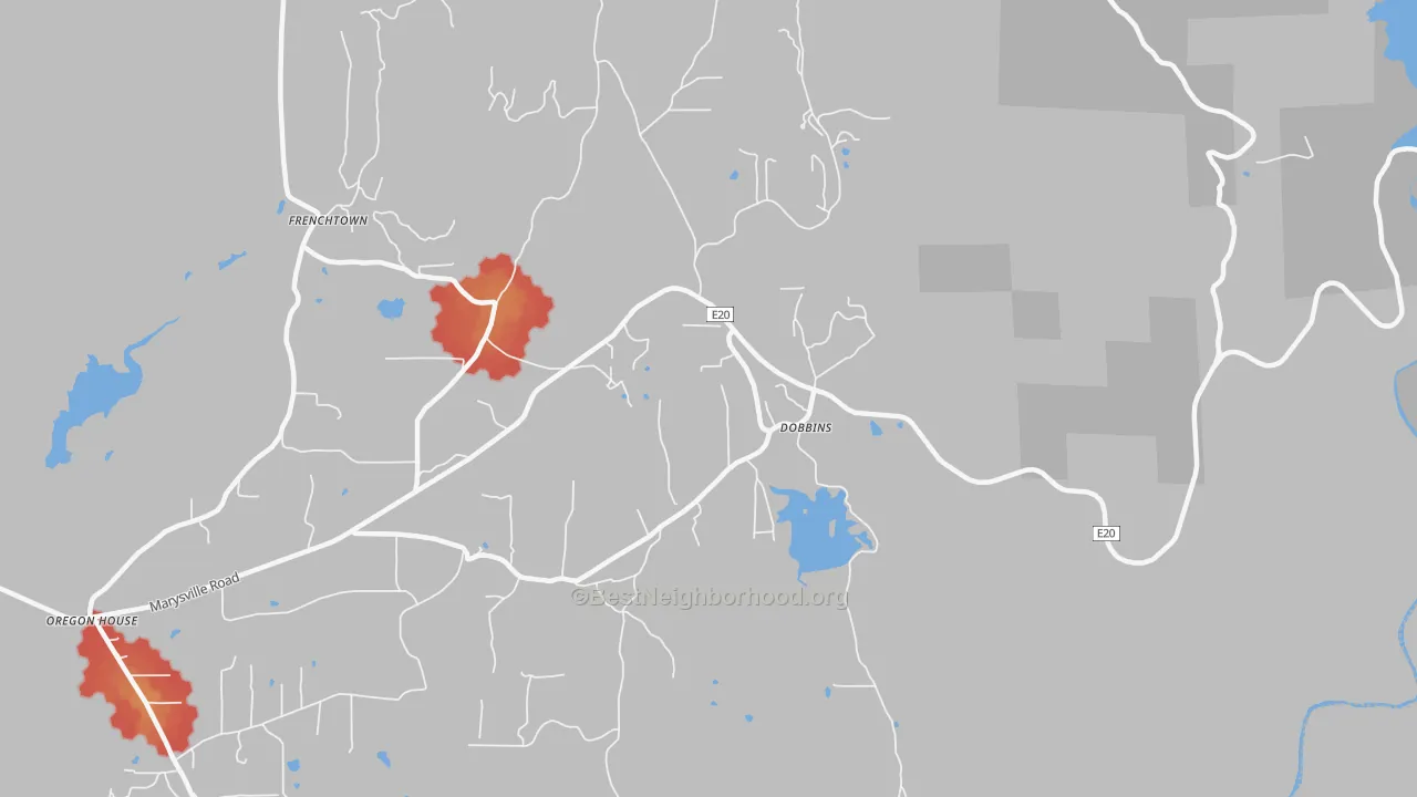 Walk Grade map of 95935, CA, walkable areas in green and car-dependent areas in red