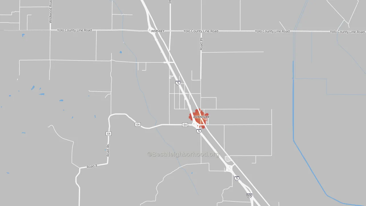 Walk Grade map of 95937, CA, walkable areas in green and car-dependent areas in red