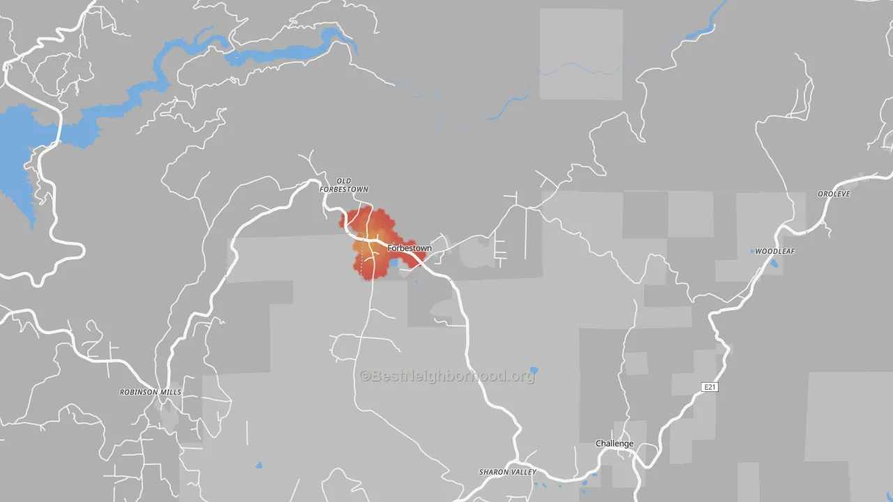 Walk Grade map of 95941, CA, walkable areas in green and car-dependent areas in red