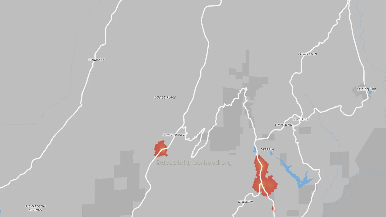 Walk Grade map of 95942, CA, walkable areas in green and car-dependent areas in red