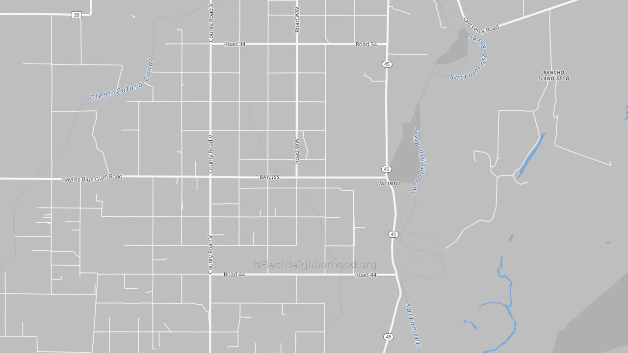 Walk Grade map of 95943, CA, walkable areas in green and car-dependent areas in red